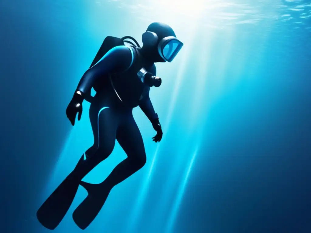 Diver en traje de buceo negro desciende en aguas cristalinas, rodeado de geometría y luz azul