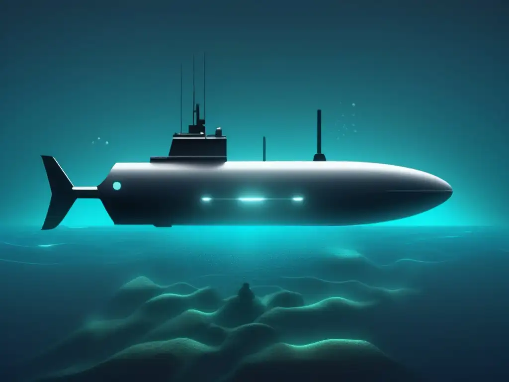 Tecnología de exploración de fosas oceánicas: AUV avanzado navega por paisaje submarino iluminado, revelando misterios de las profundidades