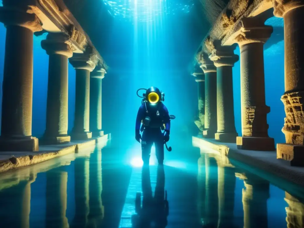 Explorador subacuático en ruinas, fusionando historia, tecnología y mundo submarino