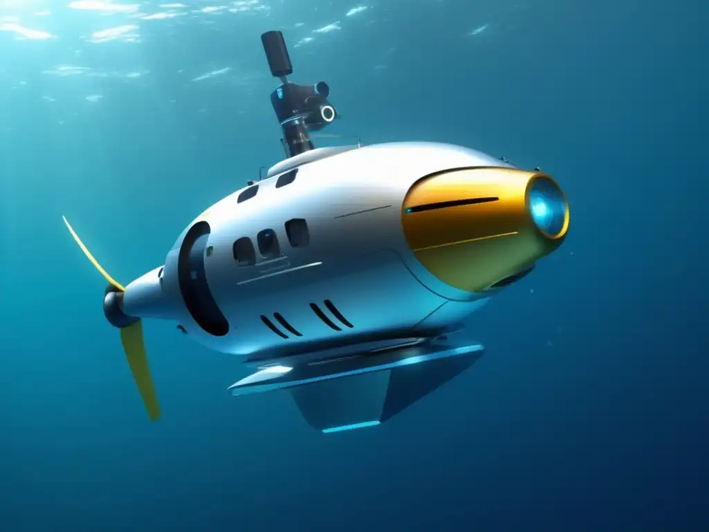 Avances tecnológicos en arqueología subacuática: robot explorador submarino de diseño minimalista y sofisticado, capturando la serenidad del entorno