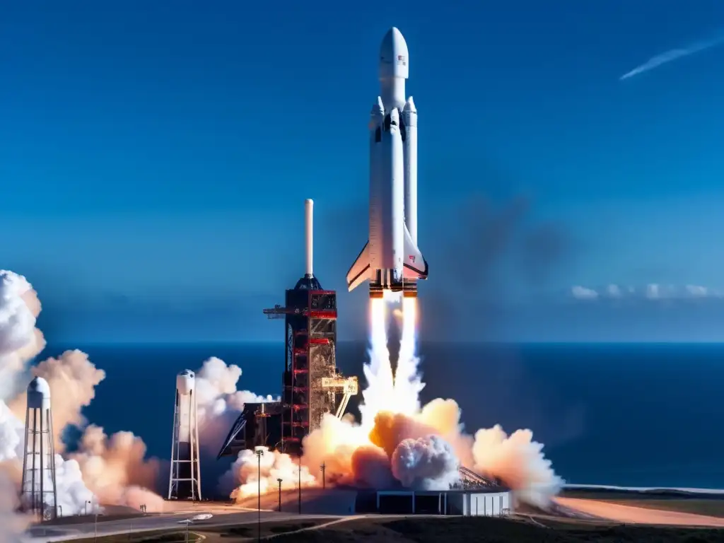 Evolución vehículos lanzamiento espacial: Falcon Heavy despegando al espacio, con diseño futurista, llamas naranjas y cielo azul vibrante