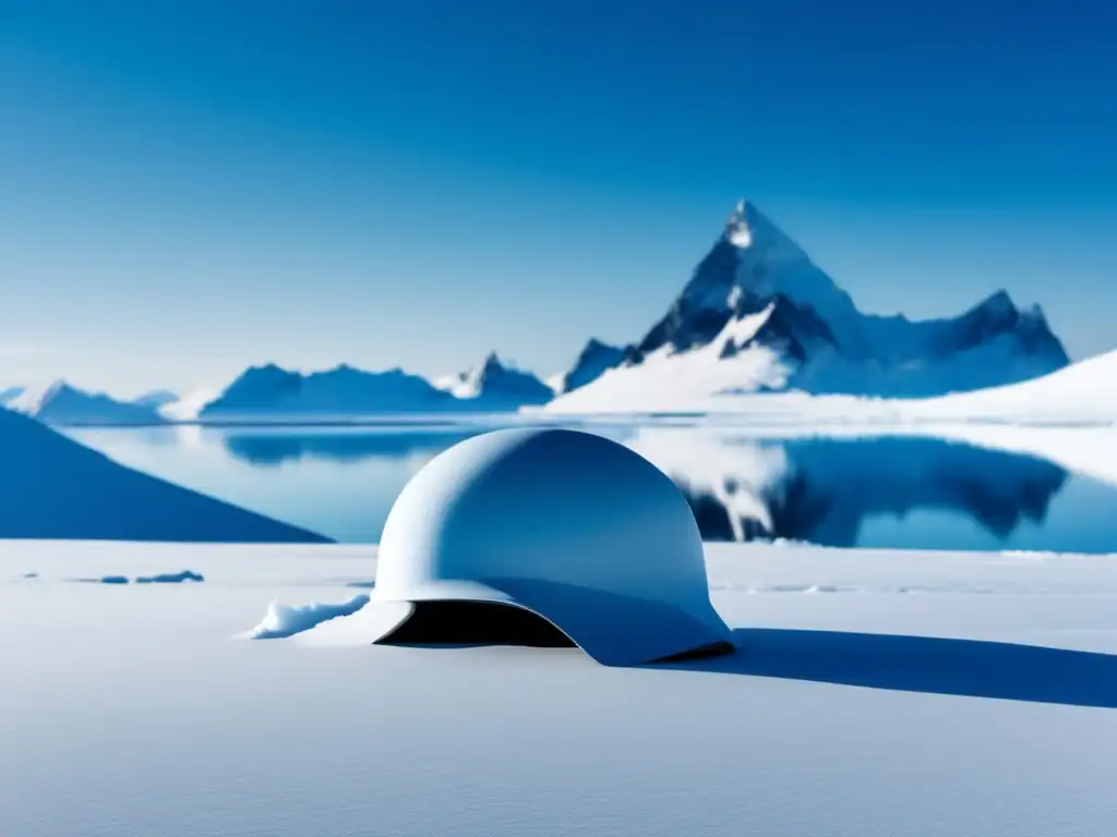 Tecnología militar en la Guerra de Malvinas: paisaje glacial desolado con casco militar en primer plano