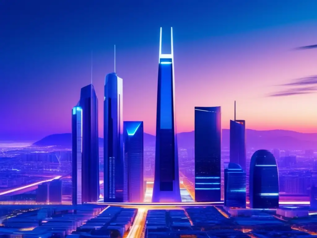 Ciudad futurista con eficiencia energética Futura ciudad eficiente en transporte y energía: tecnología y eficiencia energética en infraestructura de transporte