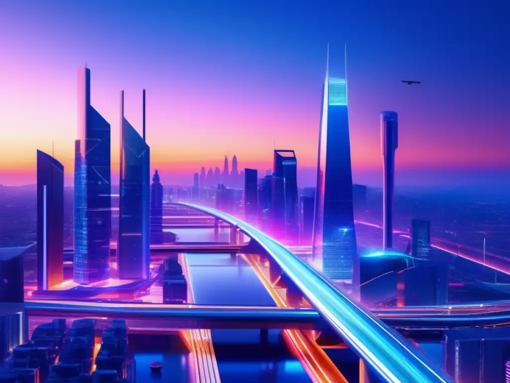 Impacto tecnológico en desarrollo socioeconómico: Ciudad futurista con arquitectura minimalista, puentes elevados y drones en el atardecer