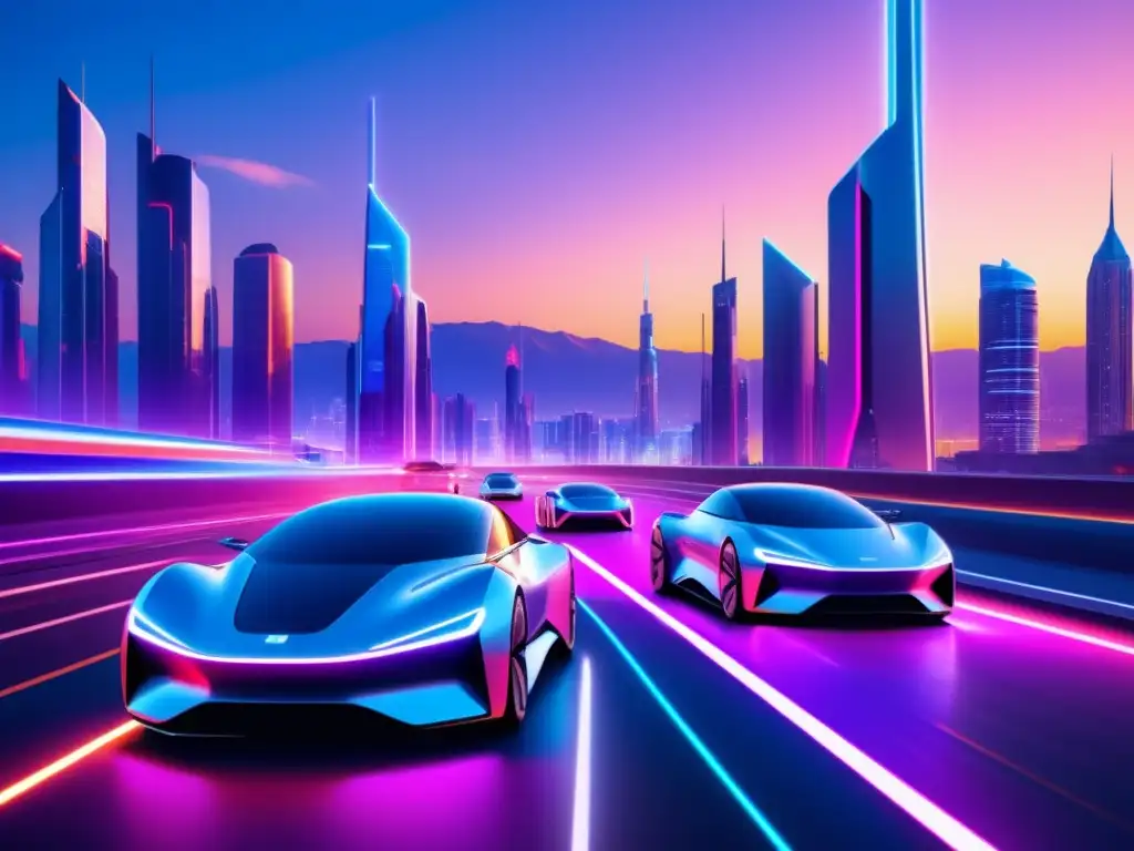 Futuro del transporte: tecnología y avances - Ciudad futurista con vehículos eléctricos autónomos y luces neón