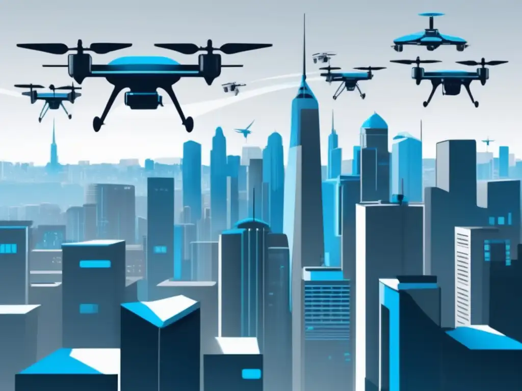 Avances tecnológicos en transporte autónomo y drones: Futurista ciudad con drones y arquitectura angular