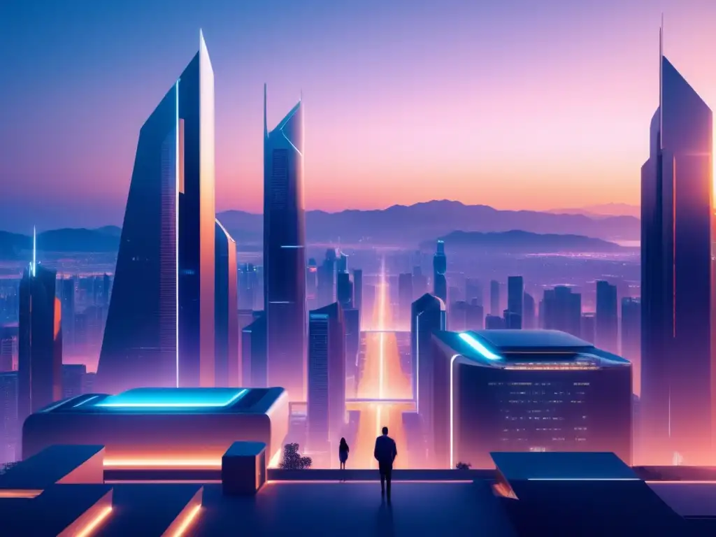 Ultradetalle de ciudad futurista al atardecer con IA en empleo