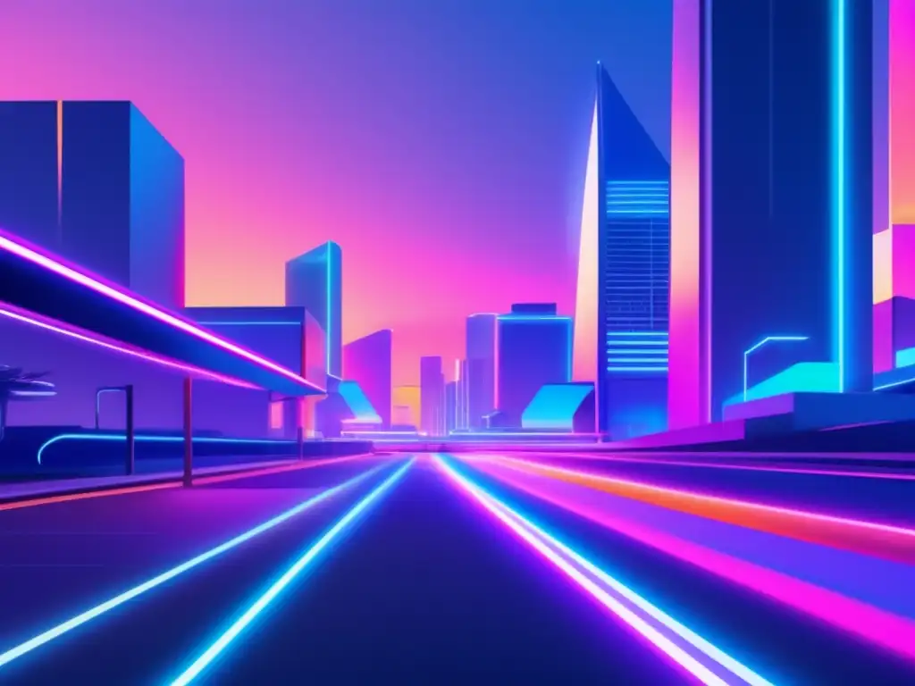 Futurista ciudad con iluminación neón, edificios geométricos y una scooter eléctrica