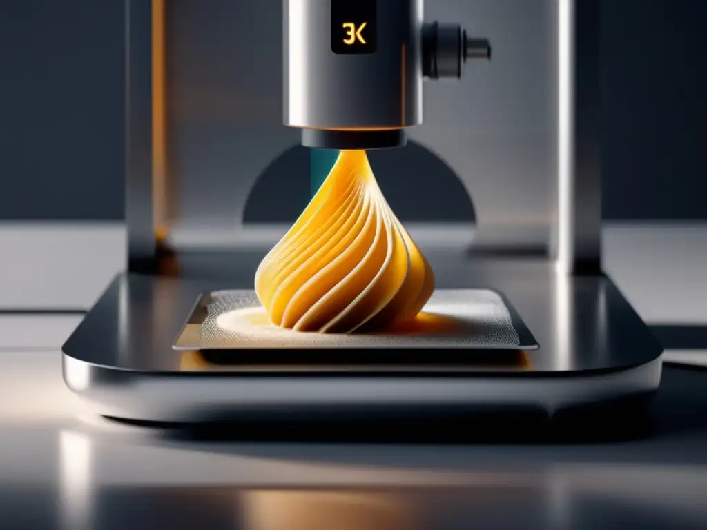 Tecnología de alimentos impresos 3D en una impresionante imagen 8k de una impresora futurista en acción, creando una escultura culinaria