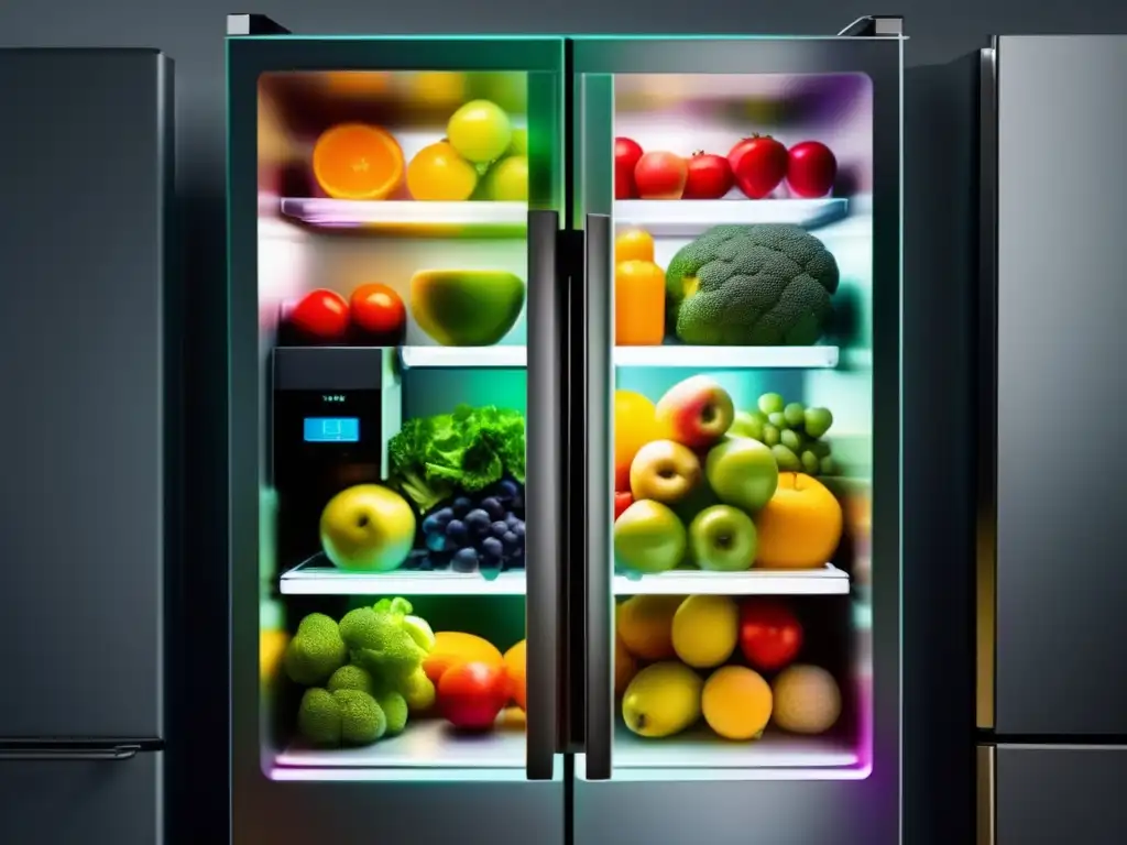 Evolución tecnológica en la alimentación: refrigerador futurista con frutas y verduras organizadas, resaltando frescura y vibrancia