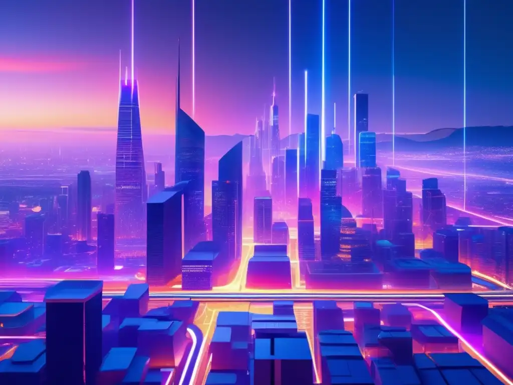 Futuro urbano con tecnología avanzada Impacto redes neuronales en movilidad futura: ciudad futurista con edificios minimalistas, luces neón y redes neuronales brillantes
