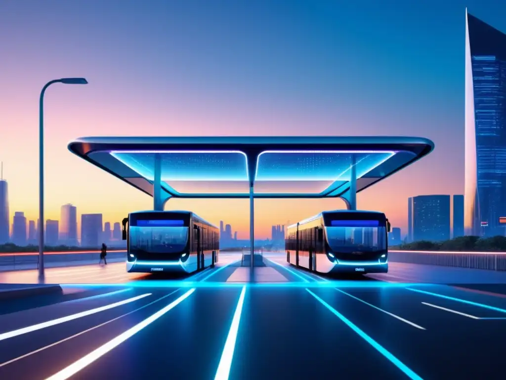 Avances tecnológicos en transporte público: ciudad futurista con bus stop interactivo, buses eléctricos y arquitectura moderna