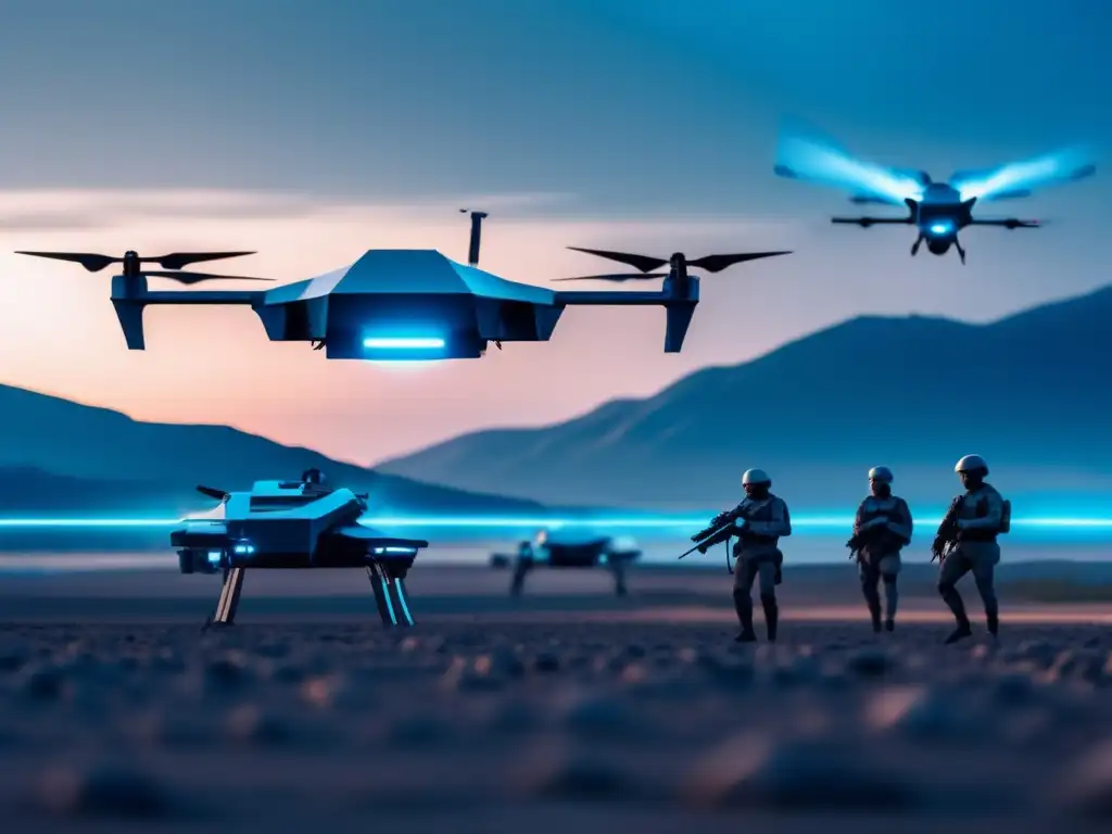 Innovación militar en era moderna: Drones y robots avanzados en un campo de batalla futurista al atardecer