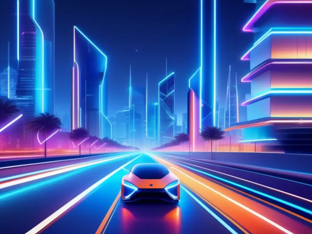 Transformación movilidad vehículos eléctricos: Ciudad futurista con vehículos eléctricos, arquitectura minimalista y avance tecnológico