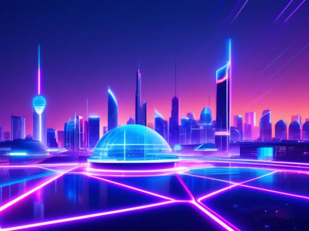 Ciudad futurista nocturna con edificios minimalistas iluminados por luces de neón, representando la interconexión y flujo de datos en la movilidad del futuro Ciudad futurista nocturna con edificios minimalistas iluminados por luces neón, interconectados por líneas de datos