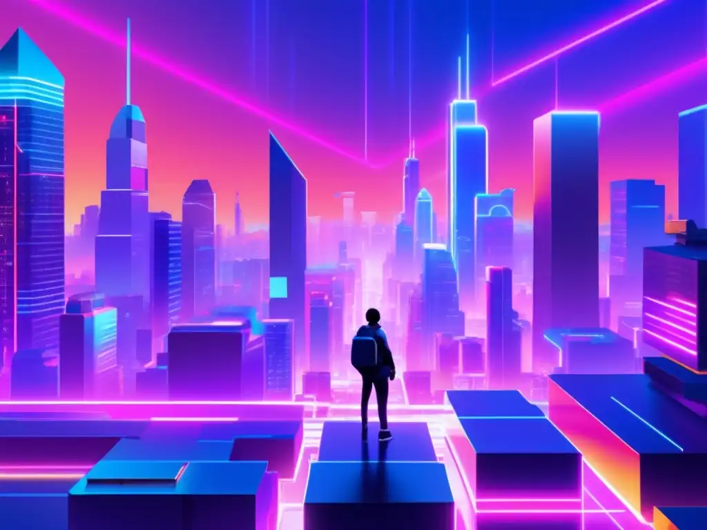 Futuro de los videojuegos: ciudad futurista con colores vibrantes y avatar digital en un cruce virtual