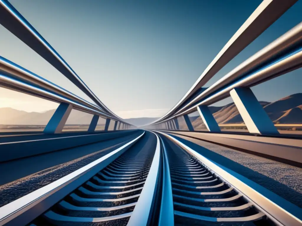 Impacto Innovaciones Tecnológicas Infraestructura Ferroviaria: Vía futurista de plata curvada y minimalista en un paisaje abstracto 8K