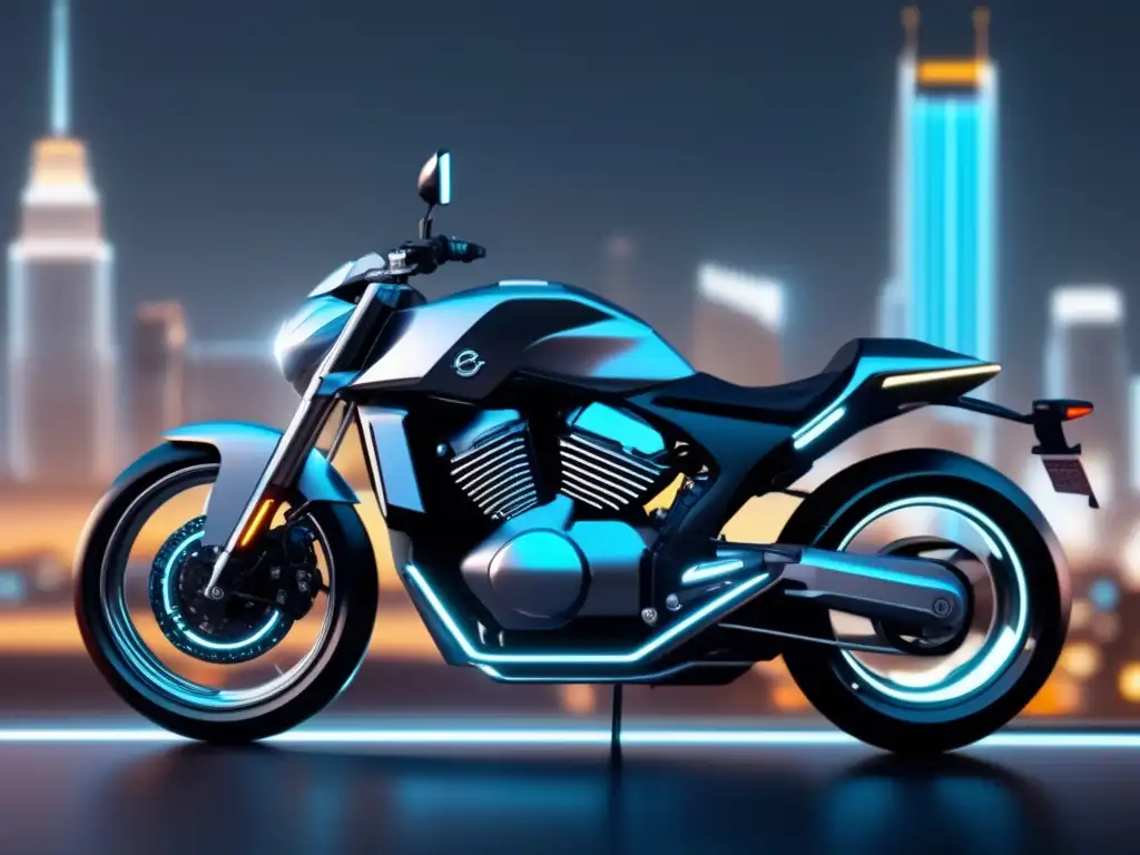 Futurista motocicleta en ciudad iluminada Moto moderna en ciudad futurista: Evolución tecnológica de las motocicletas modernas