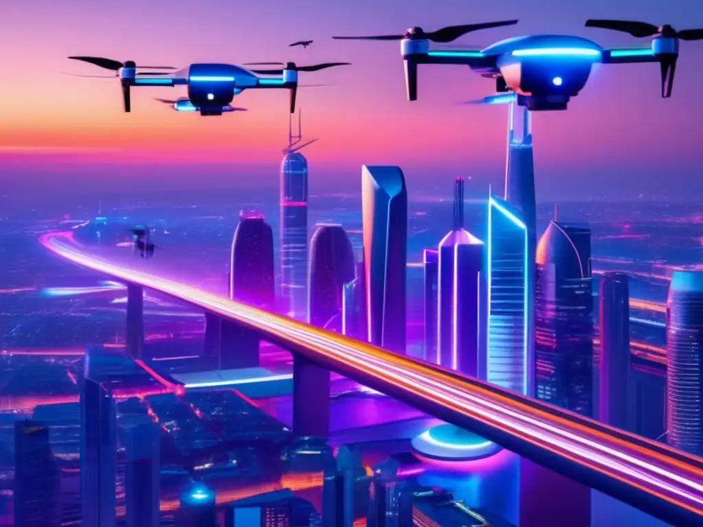 Futurista ciudad con rascacielos iluminados, drones avanzados y tecnología para gestión de emergencias