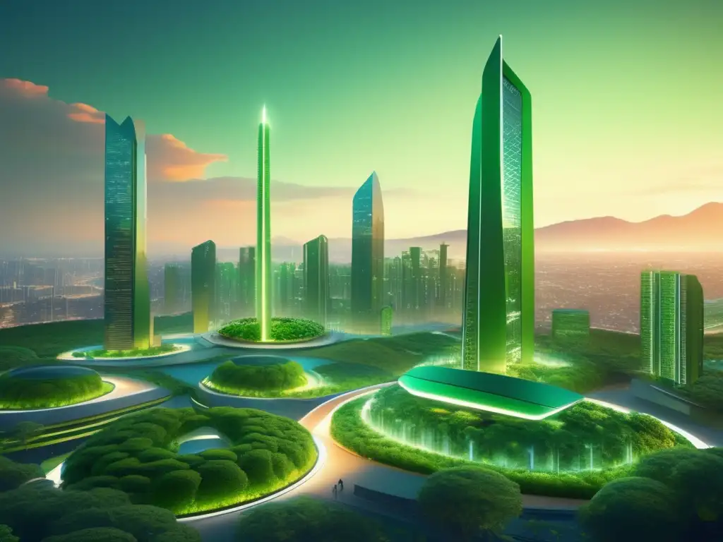 Tendencias tecnología verde América Latina: paisaje futurista y sostenible con edificios geométricos, jardines verticales y energía renovable