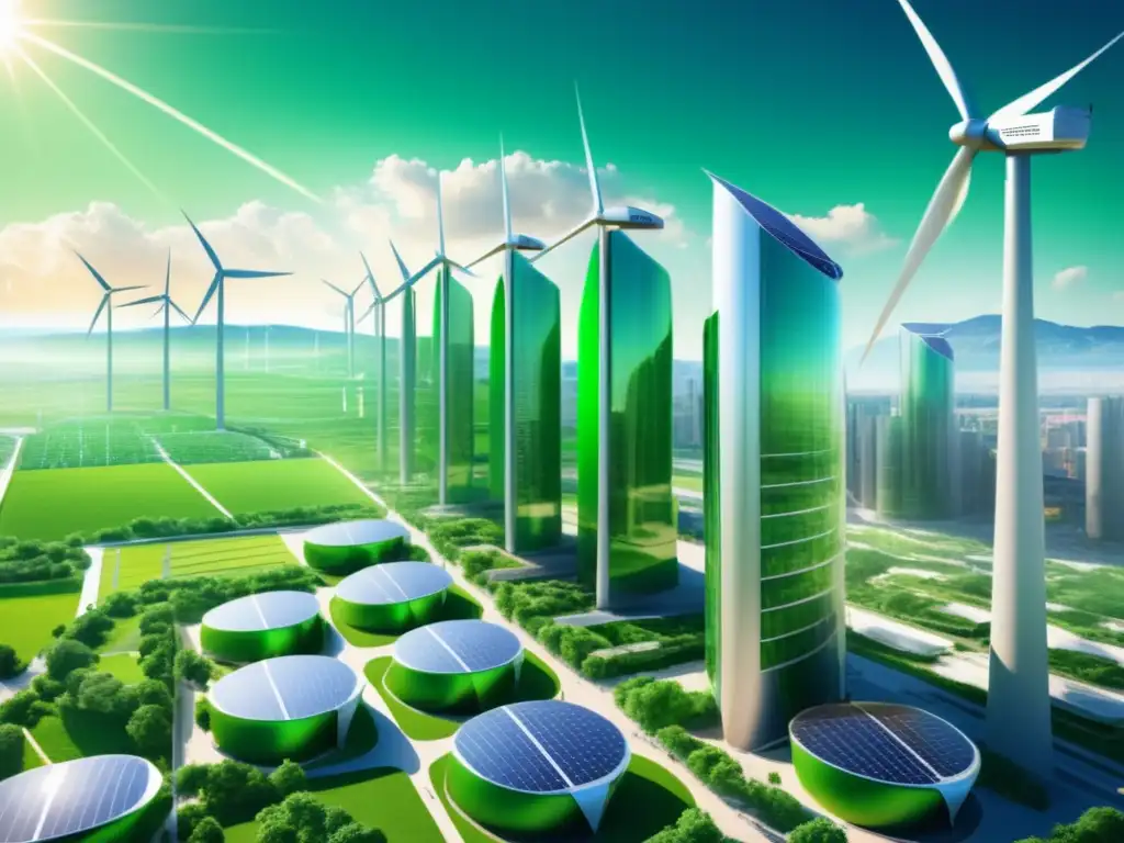 Futuro sostenible: ciudad ecológica con energía renovable y tecnología avanzada