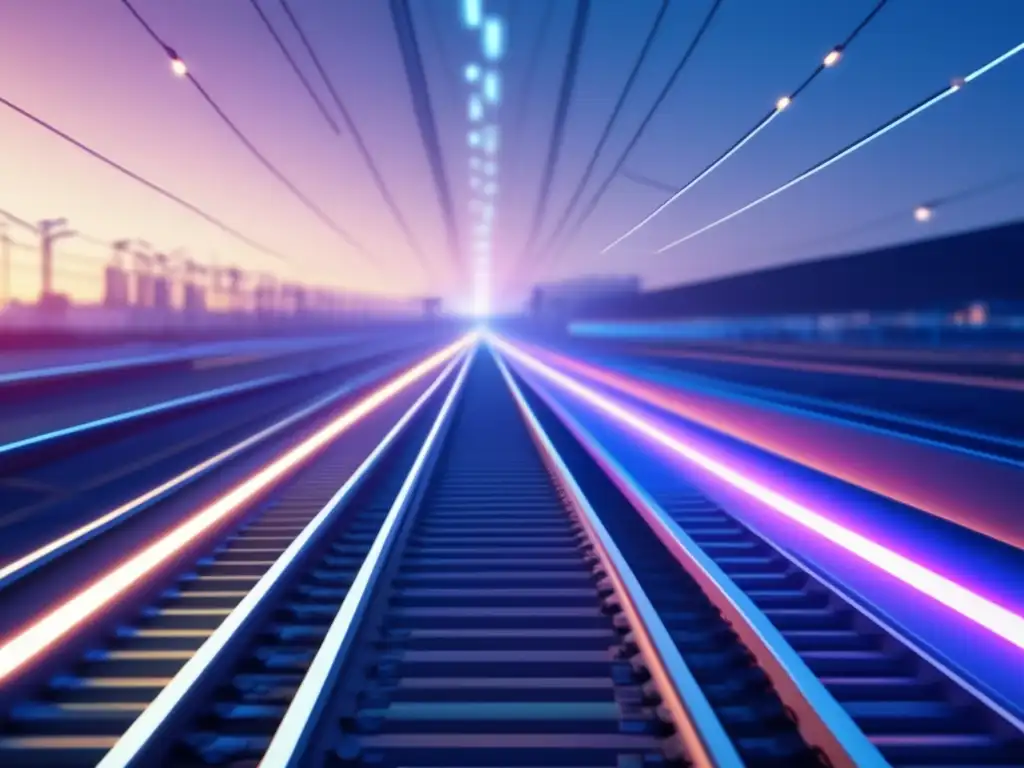 Impacto Innovaciones Tecnológicas Infraestructura Ferroviaria: Imagen 8k futurista de vías de tren con nodos AI, sensores y blockchain