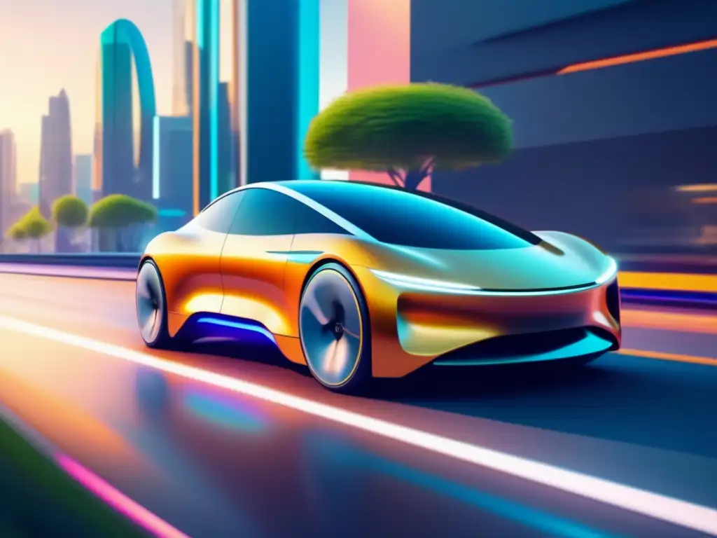 Beneficios y avances de los vehículos eléctricos en una ciudad futurista con un vehículo elegante integrado armoniosamente