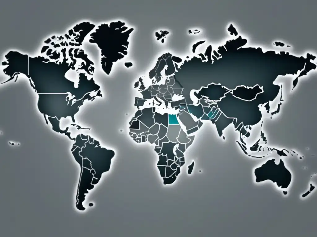 Historia tecnología extractiva y geopolítica: Mapa mundial gris con líneas intrincadas y formas metálicas