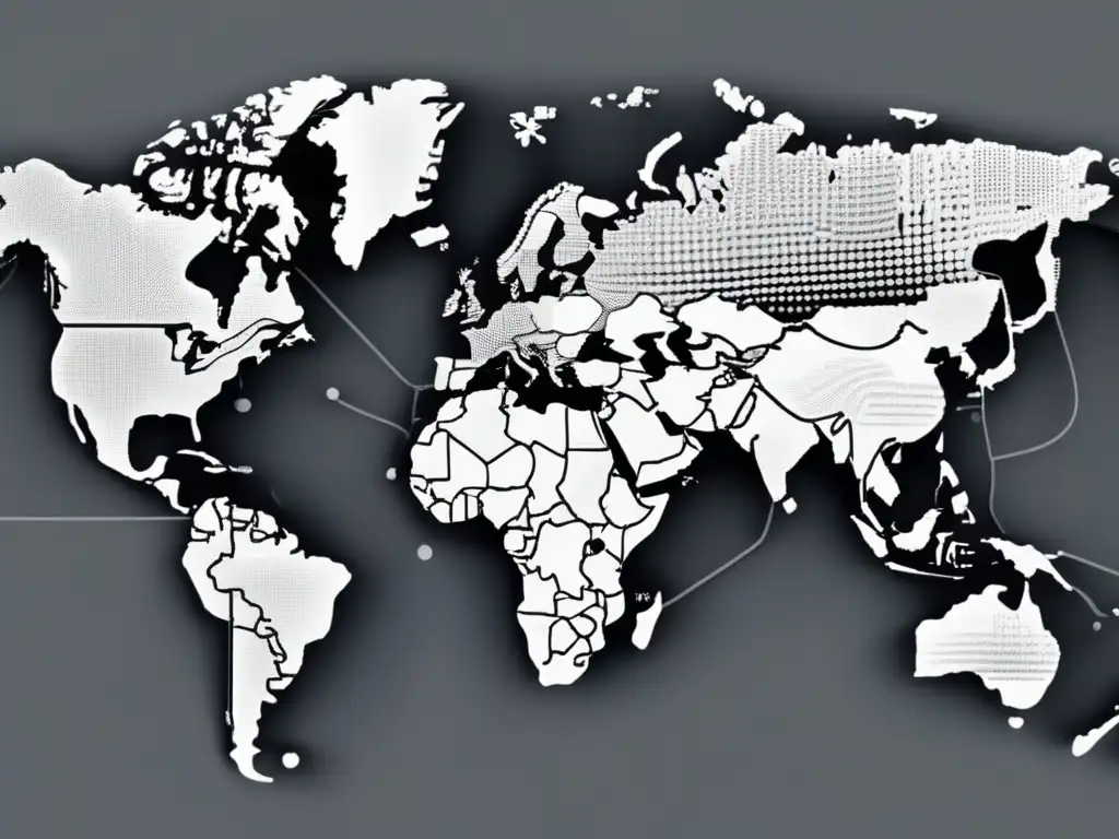 Impacto geopolítico en tecnología información: mapa gris con líneas y patrones simbolizando la influencia de la geopolítica en el avance tecnológico