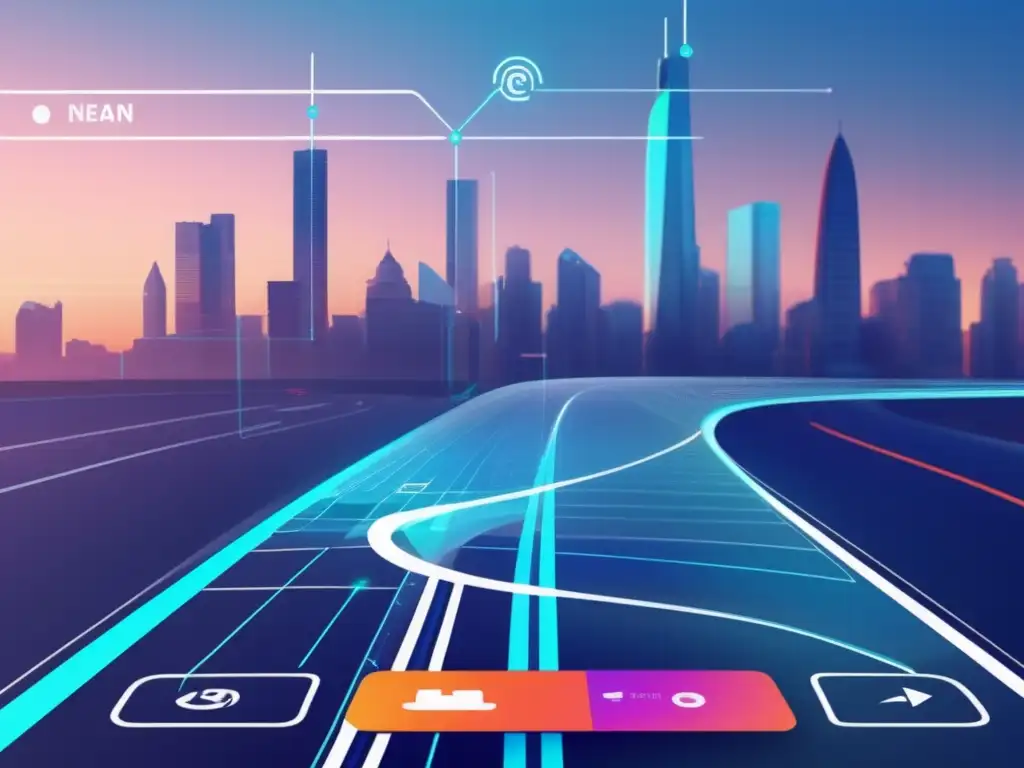Futuro de la navegación: GPS AR en ciudad Futuro navegación GPS: pantalla transparente, AR y diseño abstracto de ciudad con rutas, puntos de interés y tráfico en tiempo real