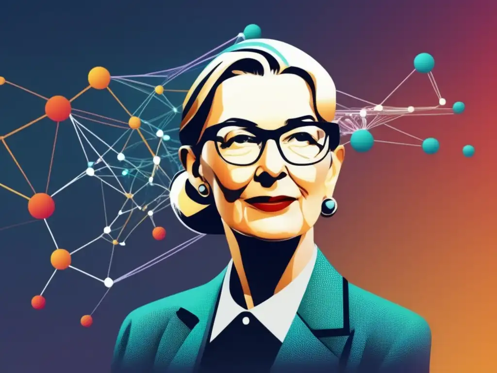 Importancia de Grace Hopper en la programación: imagen abstracta de su legado, una red vibrante y colorida de líneas y nodos interconectados