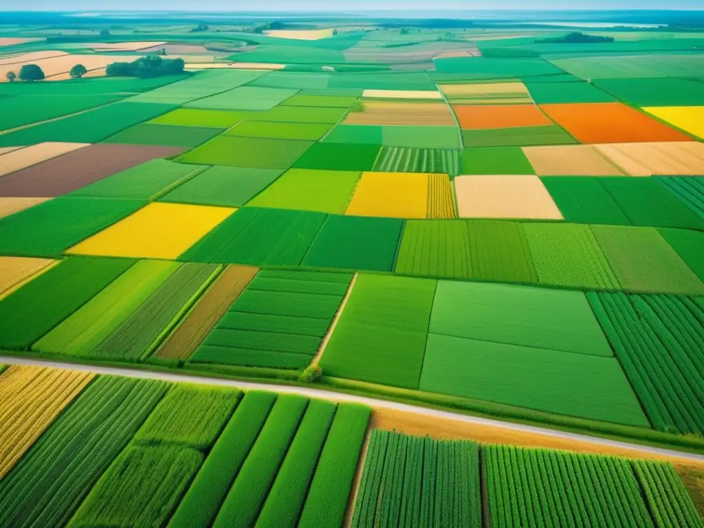 Imagen: Importancia tecnología agricultura revolución verde, granja futurista con campos coloridos y tecnología avanzada