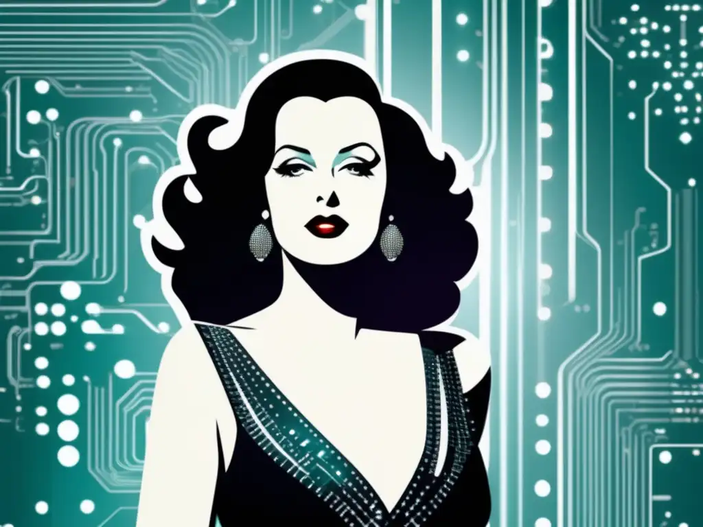 Influencia de Hedy Lamarr en tecnología: Glamour de Hollywood y tecnología se entrelazan en una imagen abstracta y minimalista