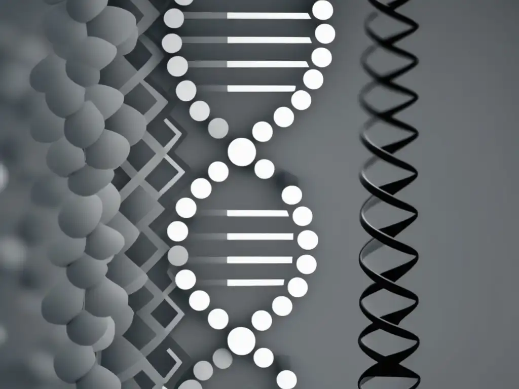 Imagen de una doble hélice de ADN en tonos grises, con formas geométricas minimalistas