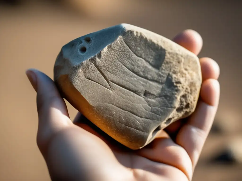 Evolución herramientas piedra antigüedad: mano sosteniendo primitiva herramienta de piedra