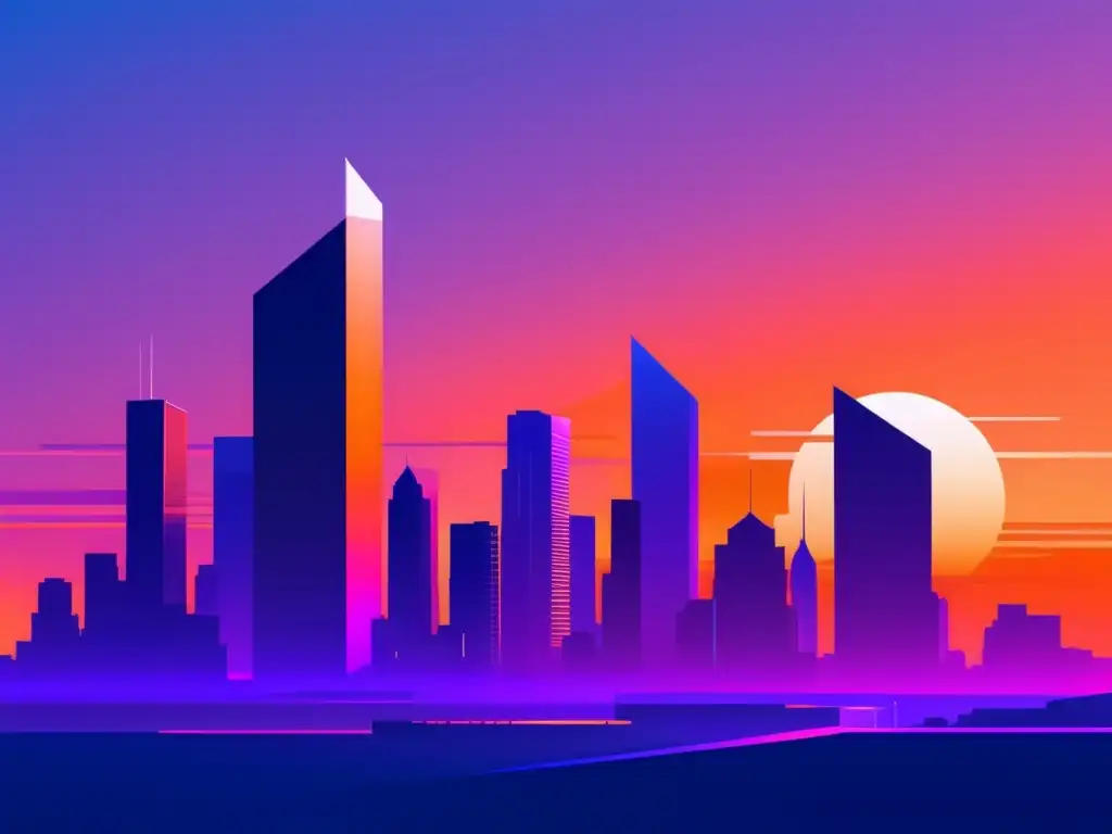 Ciudad futurista al atardecer con edificios abstractos y renovables