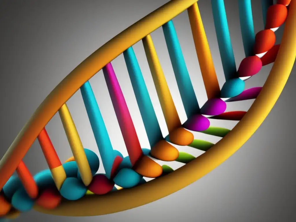 ADN en forma de hélice, colores vibrantes y contrastantes representando nucleótidos