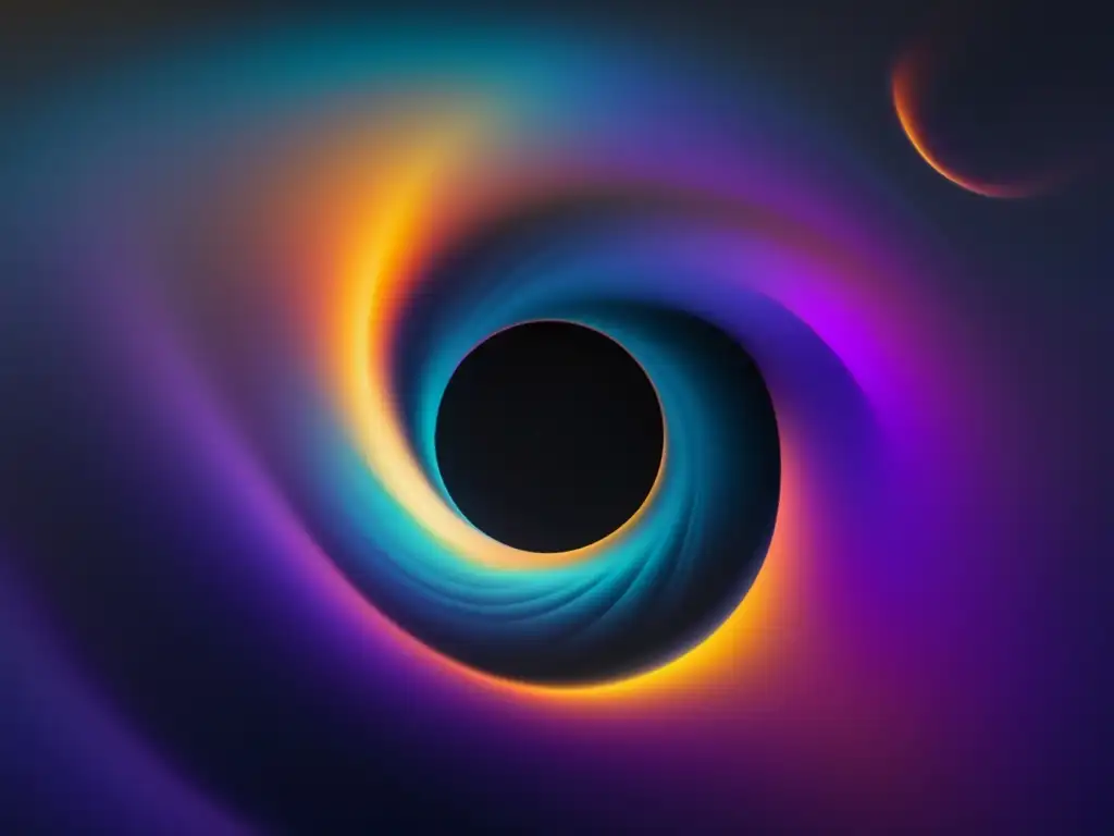 Avances tecnológicos en exploración de agujeros negros: imagen 8k minimalista de un agujero negro, con colores vibrantes que representan las fuerzas gravitacionales y distorsiones causadas por su inmensa masa