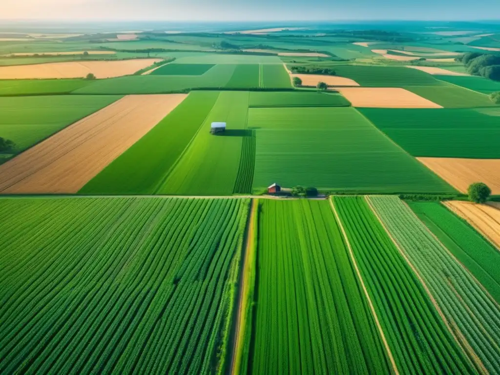 Avances tecnológicos en la agricultura: paisaje agrícola 8k con campos verdes infinitos, maquinaria de precisión y tecnología moderna