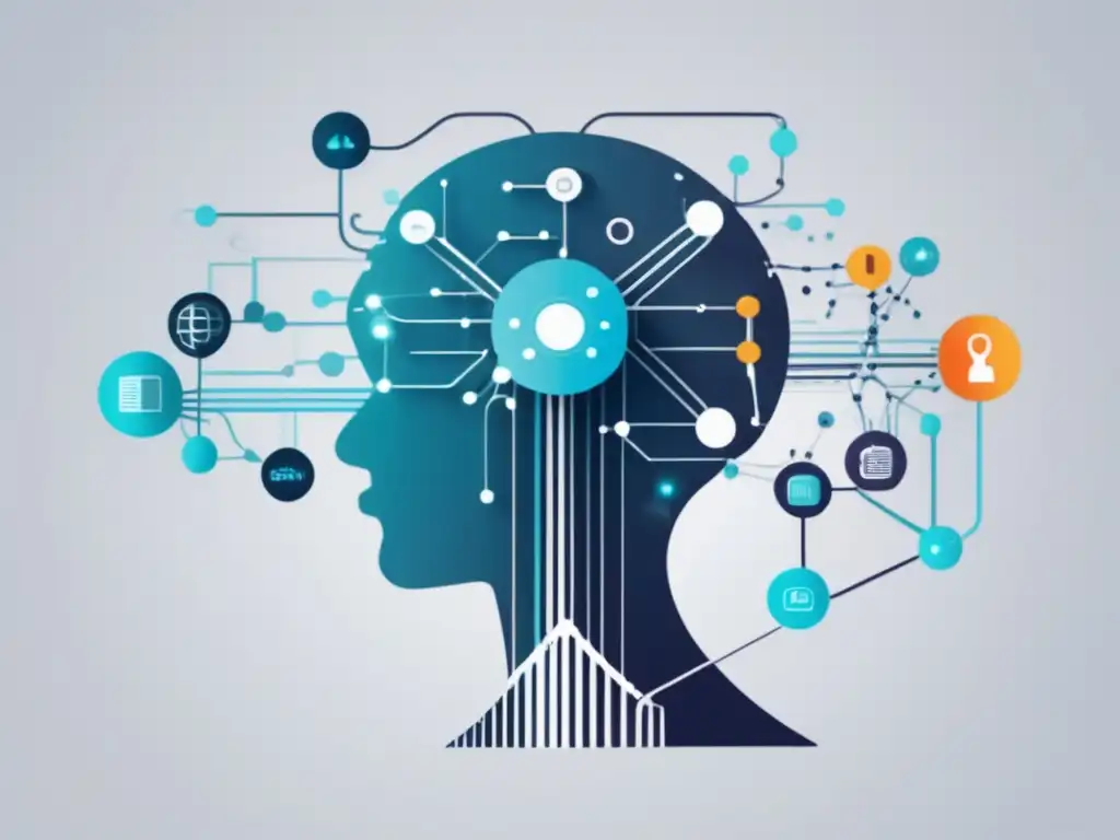 Impacto de la IA en la comunicación: imagen abstracta y minimalista de líneas y nodos interconectados, simbolizando flujo de información y datos