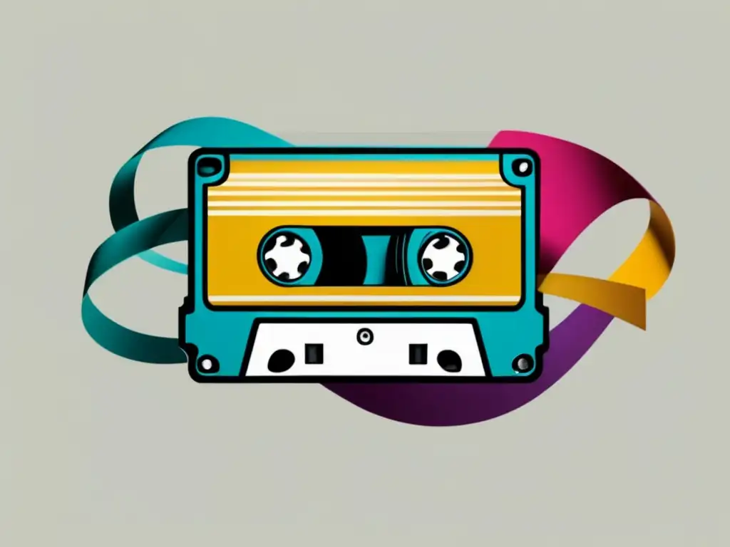 Historia de la desaparición de las cintas de audio: cassette vintage desenrollándose, formando patrones coloridos y mostrando belleza artística