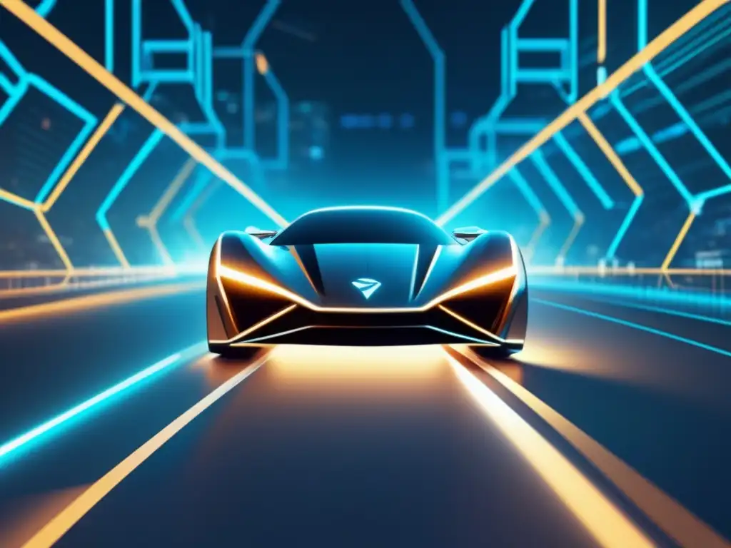 Beneficios de blockchain en transporte: imagen futurista muestra flujo de información y transacciones en vehículo innovador