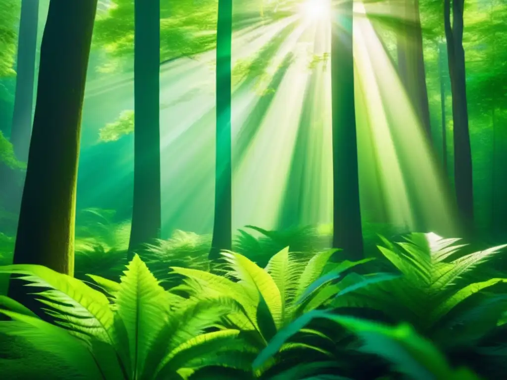 Innovaciones tecnológicas sostenibles para el medio ambiente: bosque verde con rayos de sol filtrándose entre las hojas, transmitiendo serenidad y armonía con la naturaleza