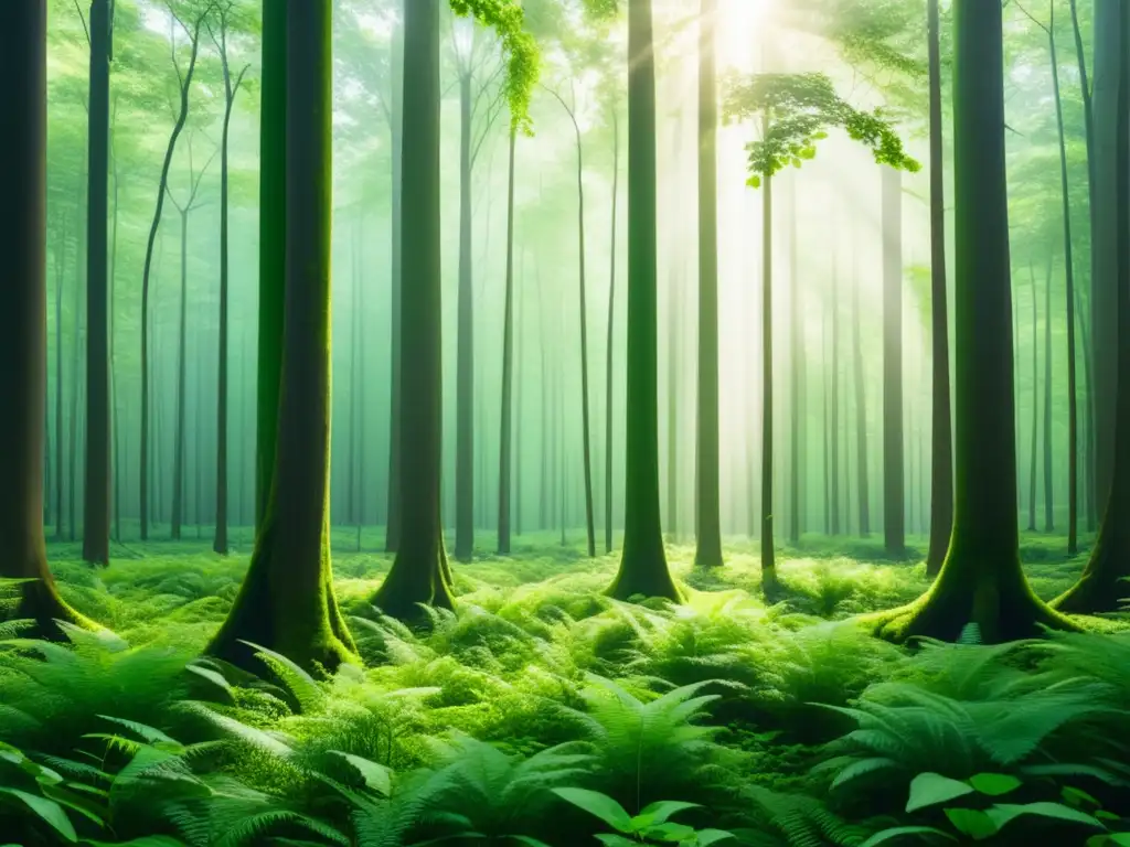 Herramientas tecnológicas para conservación biodiversidad en un bosque verde con árboles majestuosos y luz suave