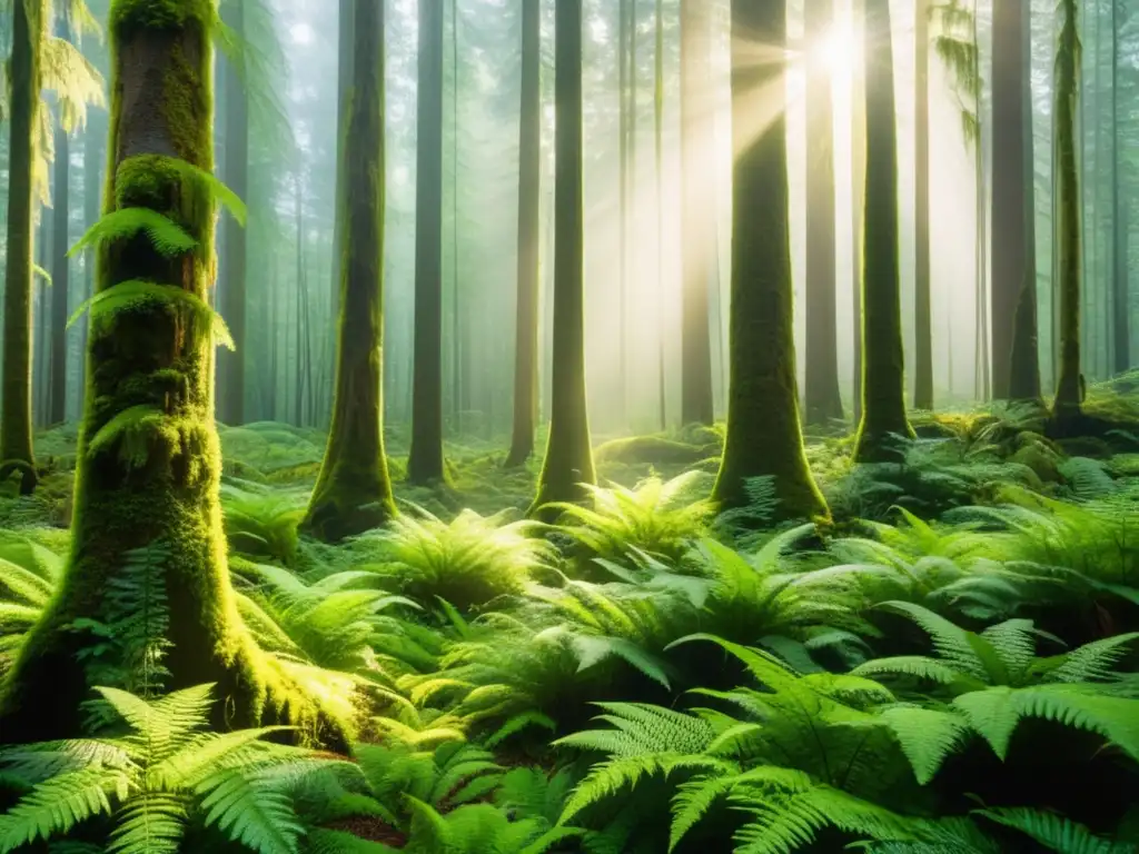 Bosque verde exuberante con luz filtrada y tecnología para reforestación y conservación