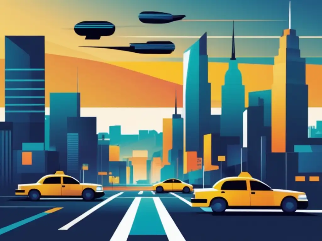 Historia transporte urbano: ciudad futurista con taxis vibrantes y arquitectura moderna, capturando la esencia del tema