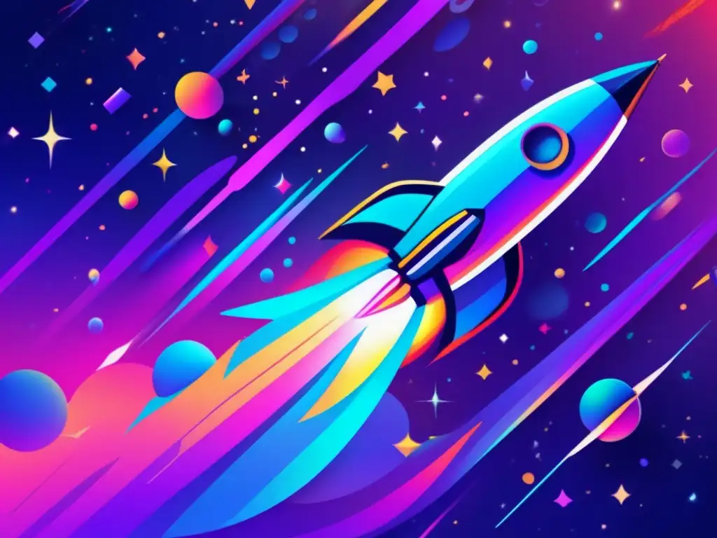 Historia de la exploración espacial: Rocket futurista sobrevolando paisaje cósmico lleno de colores vibrantes