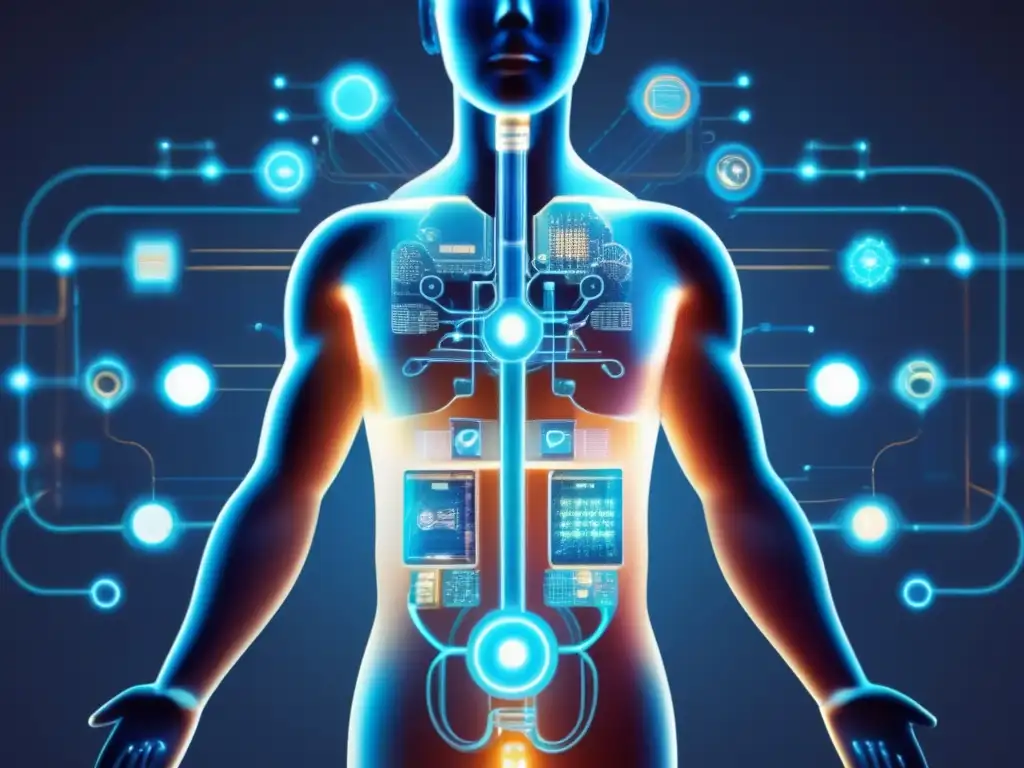 Transformación tecnológica en salud y bienestar con imagen de cuerpo humano fusionado con circuitos y patrones digitales