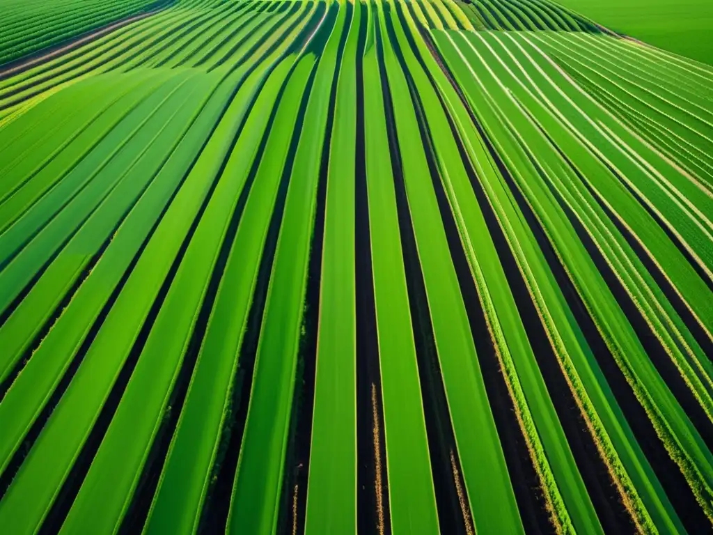 Tecnologías agrícolas antiguas para comunidades rurales: campo de cultivos verdes y simétricos, producto de la eficiencia del arado de madera