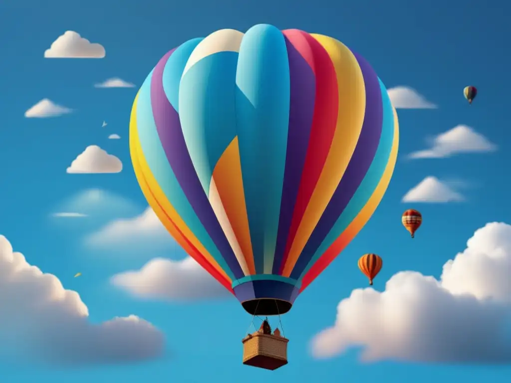 Importancia histórica de los globos aerostáticos: imagen de un colorido globo aerostático flotando en el cielo con nubes blancas
